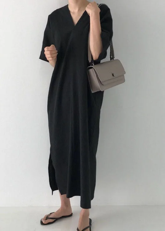 Modern Black V Neck Linen Maxi Dress Short Sleeve Stylish One-Shoulder Maxi Dress