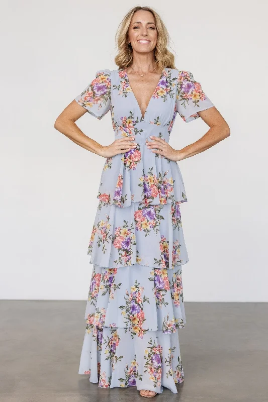 Montaigne Ruffle Maxi Dress | Light Blue Floral Stylish Pleated A-Line Maxi Dress