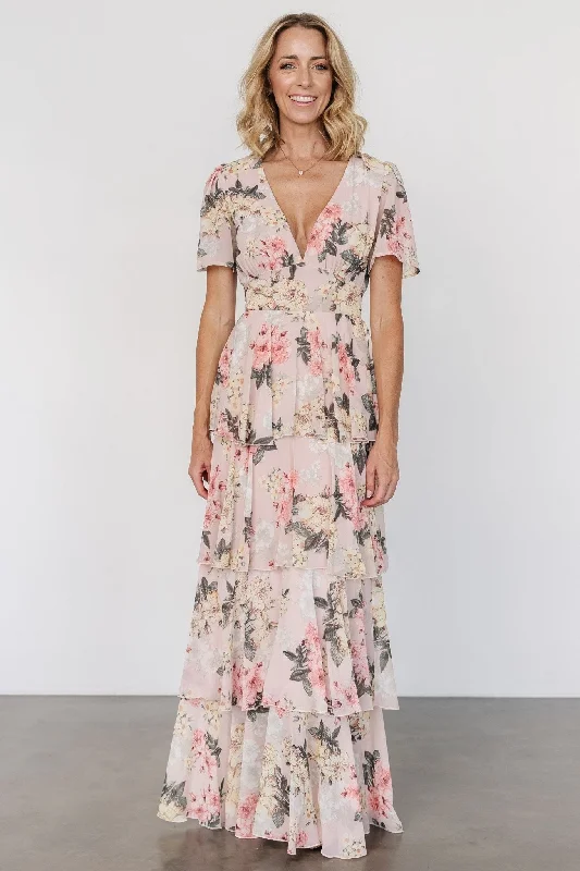 Montaigne Ruffle Maxi Dress | Pale Blush Floral Elegant Maxi Dress with Belt