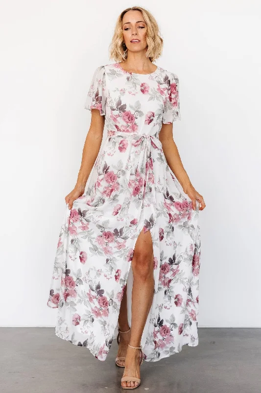 Naomi Short Sleeve Maxi Dress | Off White + Rose Floral Comfortable Pleated Maxi Dress