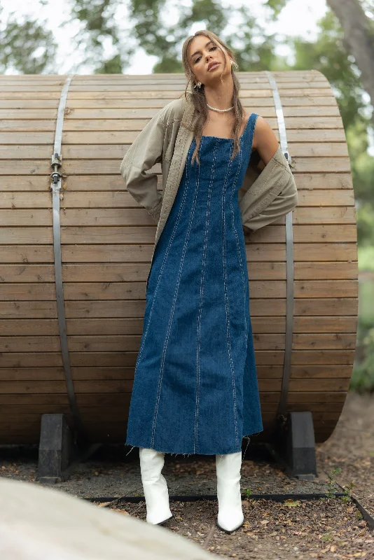 Paneled Denim Maxi Dress Classic A-Line Maxi Dress