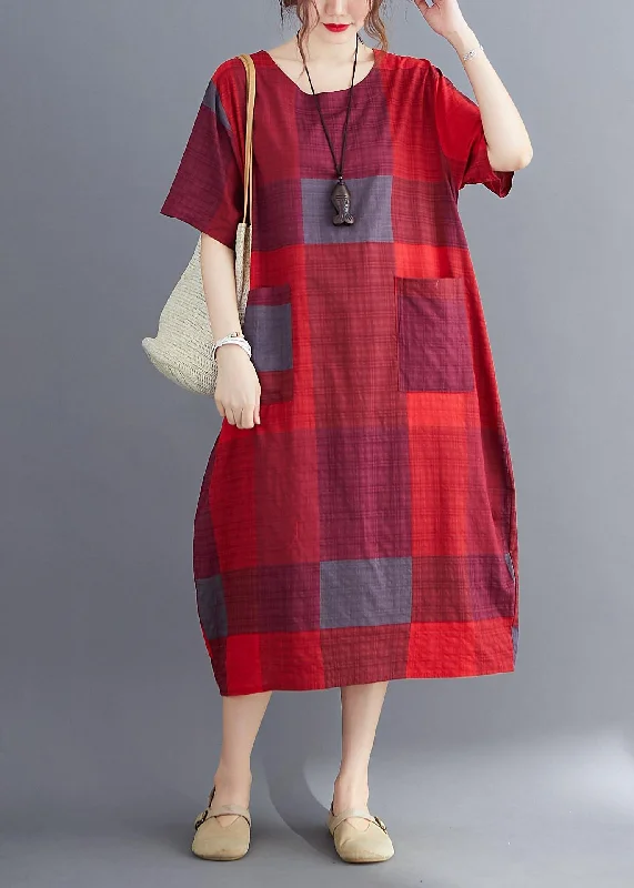 Plus Size Corron Linen Red O Neck Plaid Summer Maxi Dresses Casual Maxi Dress with Pockets