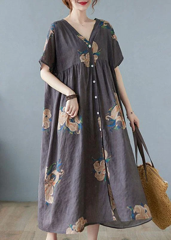 Plus Size Grey Retro Button Summer Print Half Sleeve Maxi Dress Chic Off-Shoulder Maxi Dress