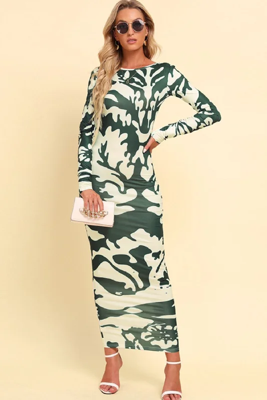 Printed Backless Long Sleeve Maxi Dress Fashionable Maxi Dress with Fringe