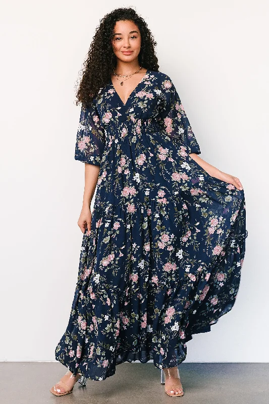 Sawyer Tiered Maxi Dress | Navy + Pink Classic Solid Maxi Dress