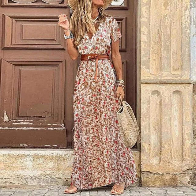 Amy Fashion - Sexy V-neck Short Sleeve Belted Maxi Dress Stylish Maxi Dress with Pleats