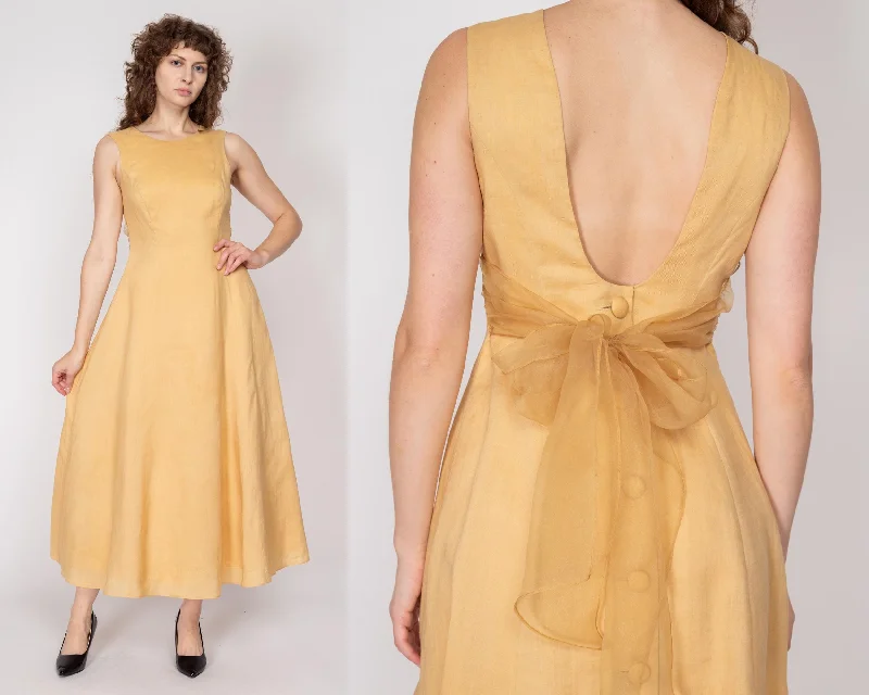 Sm-Med 90s Golden Yellow Low Back Chiffon Tie Maxi Dress, As Is Comfortable Plunging Neckline Maxi Dress