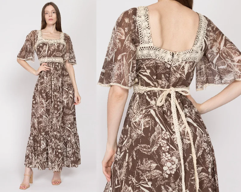 Small 60s 70s Boho Brown Floral Flutter Sleeve Maxi Dress Comfortable Casual Maxi Dress