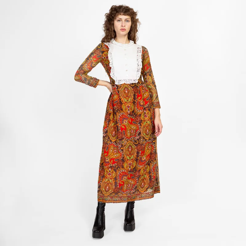 Small 60s 70s Boho Paisley Bib Maxi Dress Fashionable Layered Maxi Dress