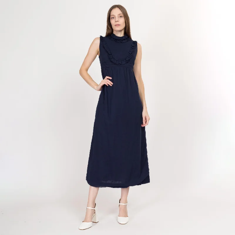 Small 60s Navy Blue Bib Maxi Dress Comfortable Ruffle Maxi Dress