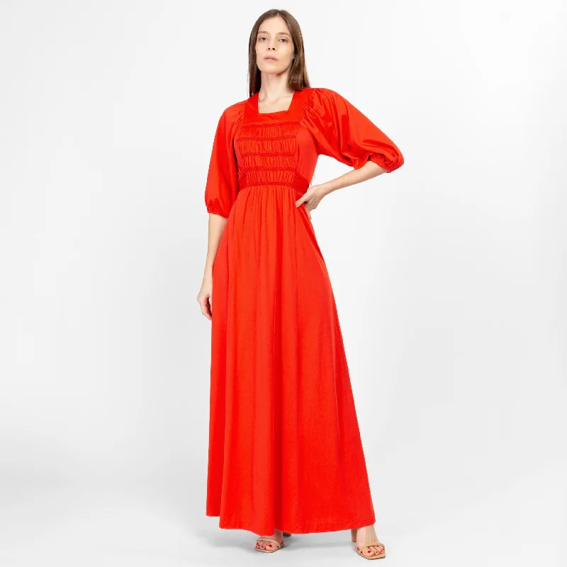 Small 70s Blood Orange Puff Sleeve Prairie Maxi Dress Comfortable Maxi Dress with Belt