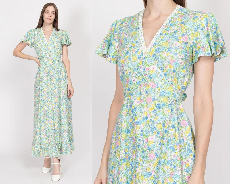 Small 70s Blue & Green Floral Flutter Sleeve Maxi Dress Comfortable Bohemian Maxi Dress