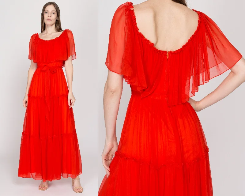 Small 70s Boho Blood Orange Chiffon Capelet Maxi Dress Comfortable Plunging Neckline Maxi Dress