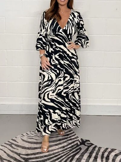 Smocked Printed Flounce Sleeve Maxi Dress Elegant Maxi Dress with Pockets