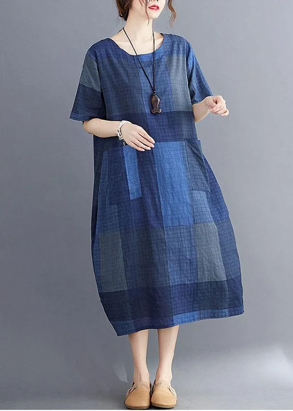 Stylish Blue O Neck Plaid Maxi Dresses Cotton Linen Summer Cozy Maxi Dress with Slit