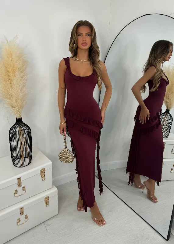 Sweet Intentions Ruffle Maxi Dress - Burgundy Chic Off-Shoulder Maxi Dress