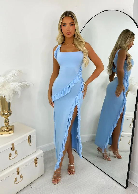 Sweet Intentions Ruffle Maxi Dress - Blue Fashionable Open-Back Maxi Dress