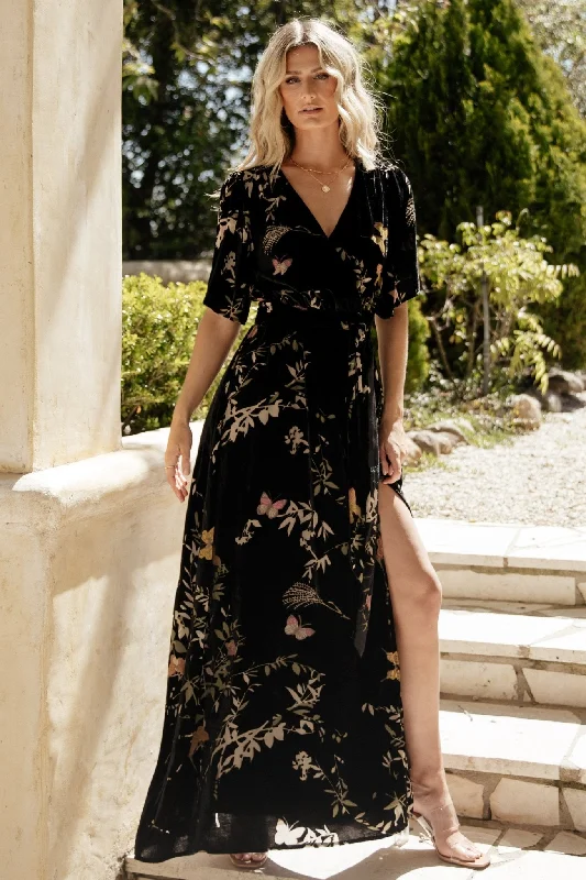 Uma Velvet Maxi Dress | Black Butterfly Print Elegant Maxi Dress with Ruffles