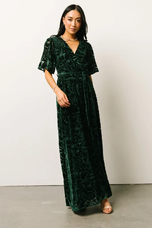 Uma Velvet Maxi Dress | Dark Green Elegant Maxi Dress with Slit