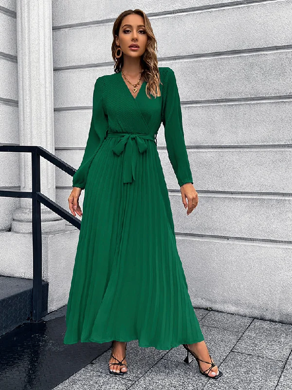 V-Neck Tie Waist Pleated Maxi Dress Stylish V-Neck Maxi Dress