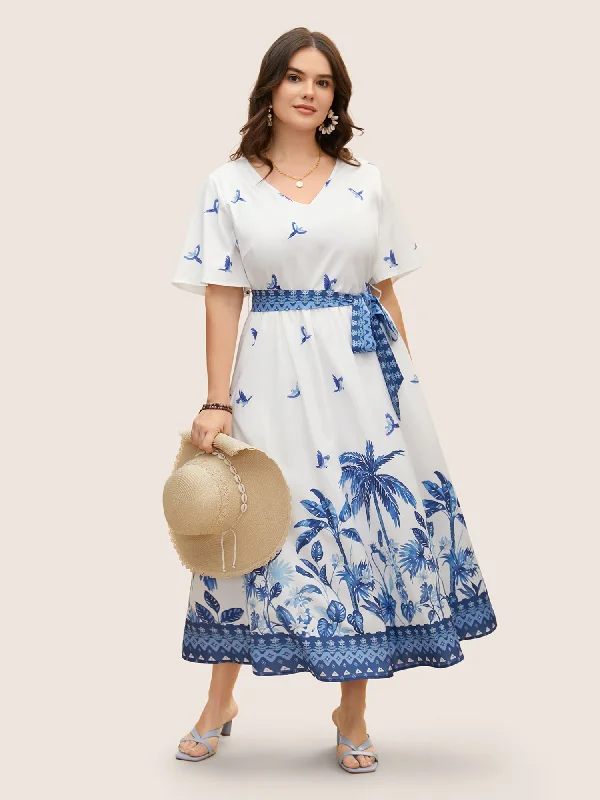 V Neck Tropical Print Ruffle Sleeve Maxi Dress Comfortable Maxi Dress with Sleeves