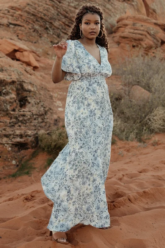 Verona Smocked Maxi Dress | White + Blue Print Trendy V-Neck Maxi Dress