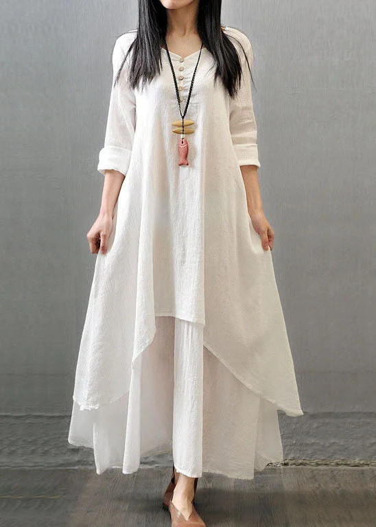 Women Long Sleeve Double Layers Button Asymmetric Vintage Maxi Dress Stylish V-Neck Maxi Dress