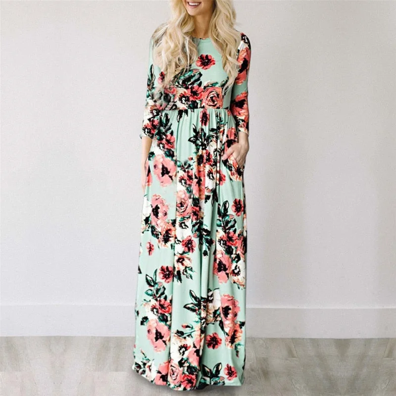 Amy Fashion - Floral Evening Party Plus Size Vestidos Maxi Dress Elegant Maxi Dress with Pockets