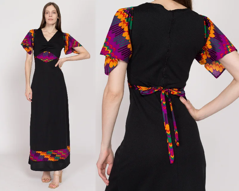 XS 70s Black Psychedelic Flutter Sleeve Maxi Dress Comfortable Bohemian Maxi Dress