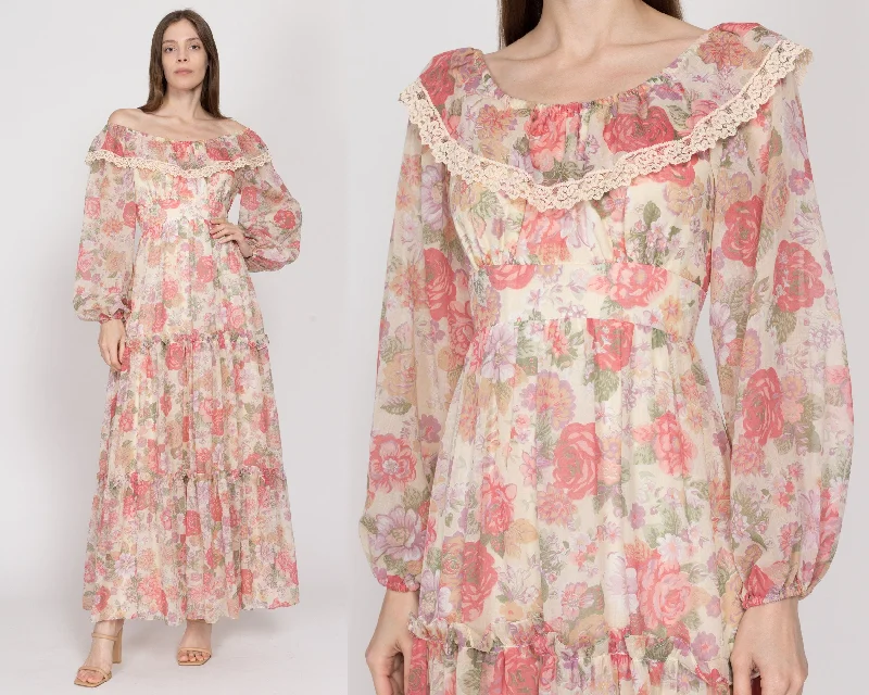 XS 70s Boho Pink Floral Off-Shoulder Peasant Maxi Dress Trendy Printed Maxi Dress