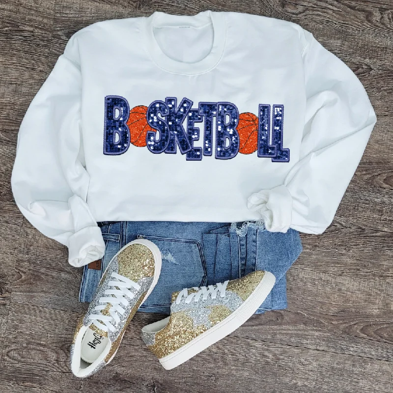 Hazel Blues® |  Basketball Faux Chenille Sequin Patches Sweatshirt: Navy Hoodie with Full-Zip Functional Layering