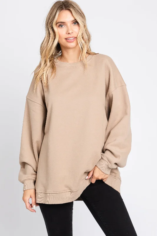 Beige Soft Knit Fleece Lined Sweatshirt Hoodie with Ribbed Cuffs Snug Fit Comfort