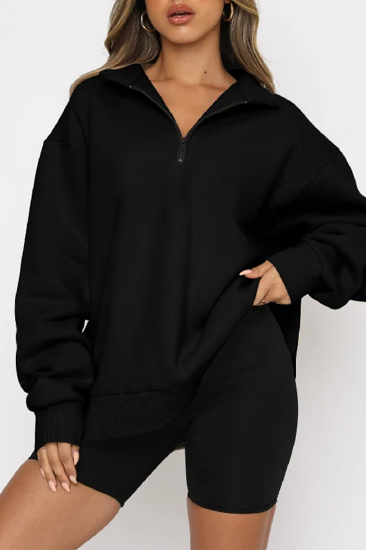 Black Quarter Zip Up Oversized Sweatshirt Hoodie with Hem Frayed Vintage Worn