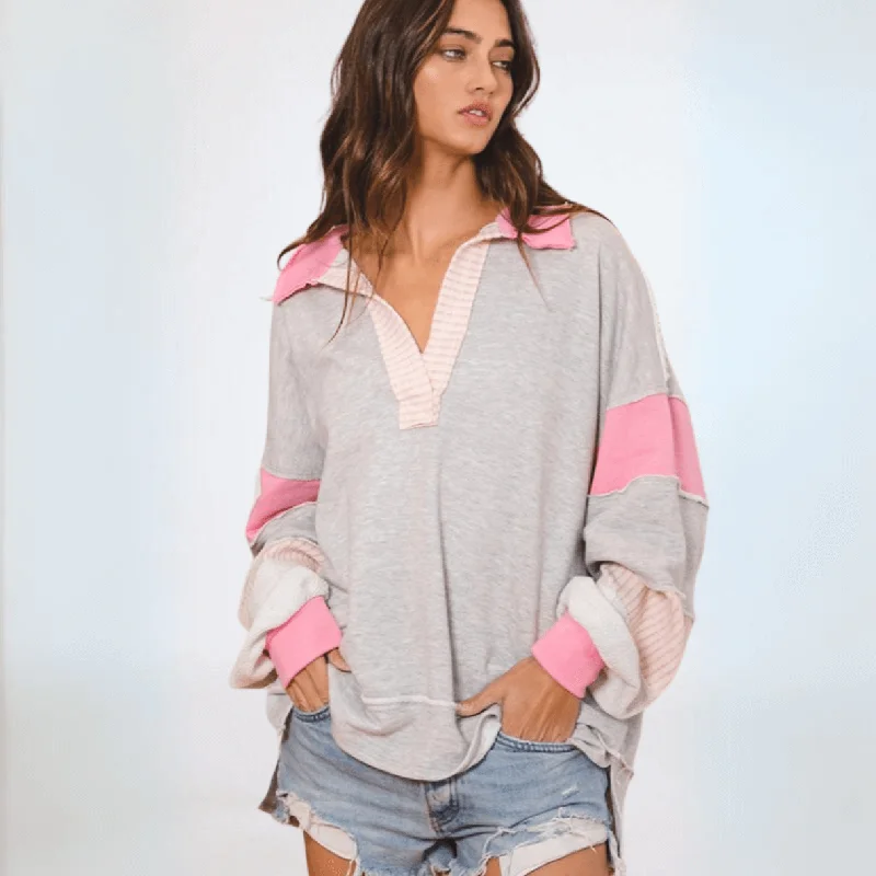 Bucket List Favorite Oversized Sweatshirt in Grey/Pink Made in USA Hooded Sweatshirt Casual Wear Street Style