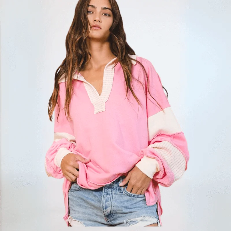 Bucket List Favorite Oversized Sweatshirt in Pink/Cream Made in USA Hoodie Crop Top Short Trendy