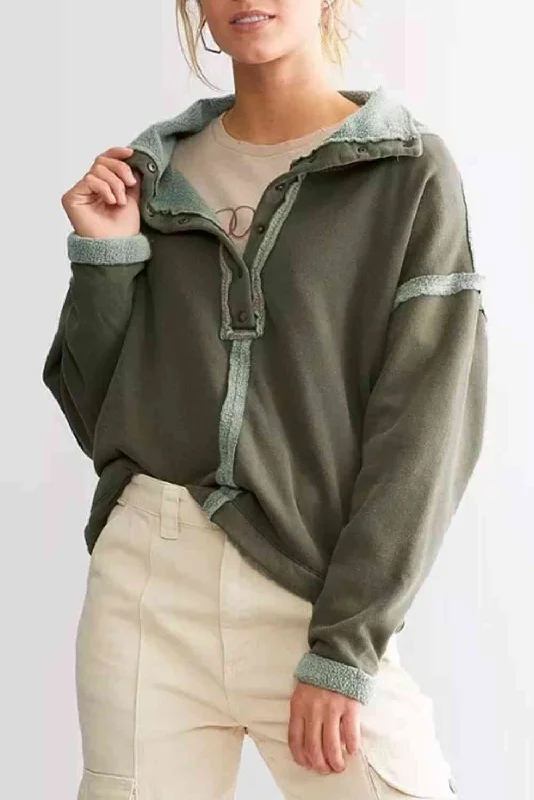 Hazel Blues® |  Collared Neck Half Sanp Up Drop Shoulder Sweatshirt Hoodie with Camouflage Military Edgy