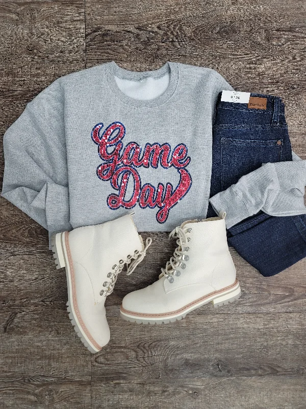 Hazel Blues® |  Game Day Faux Chenille Sequin Patches Sweatshirt: Red & Navy Hoodie with Cropped Fit Short Trendy