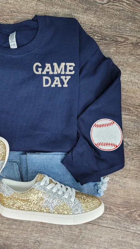 Hazel Blues® |  Game Day Pearl w/Baseball Patch Sweatshirt Hoodie with Ribbed Neckline Snug Warm