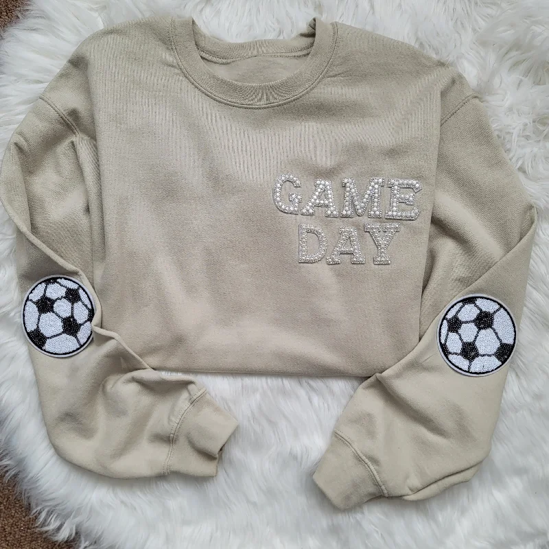 Hazel Blues® |  Game Day Pearl w/Soccer Patch Sweatshirt Hoodie with Ribbed Hem Stretchable Secure