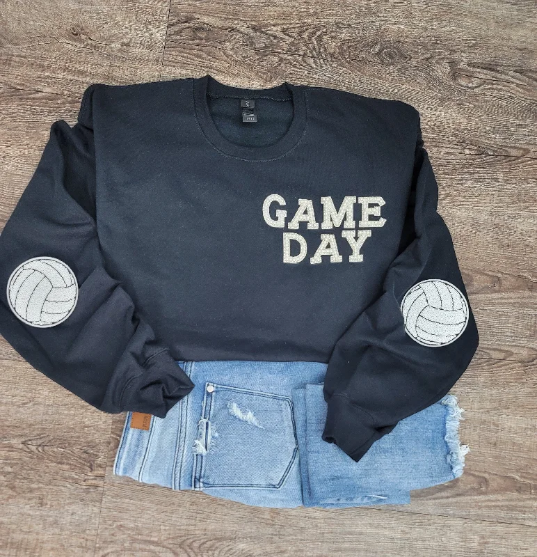 Hazel Blues® |  Game Day Pearl w/Volleyball Patch Sweatshirt Hoodie with Raw Hem Edgy Unfinished