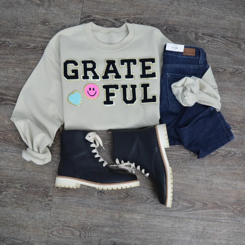 Hazel Blues® |  Grateful Smile Chenille Patch Sweatshirt Hoodie with Pocket Utility Practical