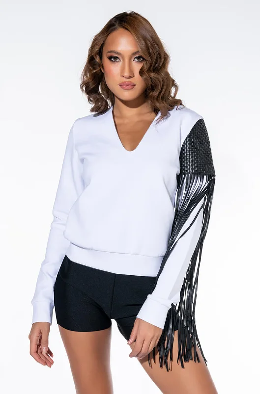 LISTEN UP FRINGE DETAIL SWEATSHIRT Hoodie with Rhinestones Sparkly Elegant