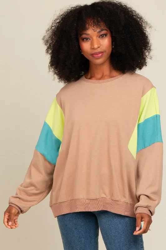 Mocha Colorblock Dolman Sleeve Sweatshirt Hoodie with Frayed Bohemian Relaxed