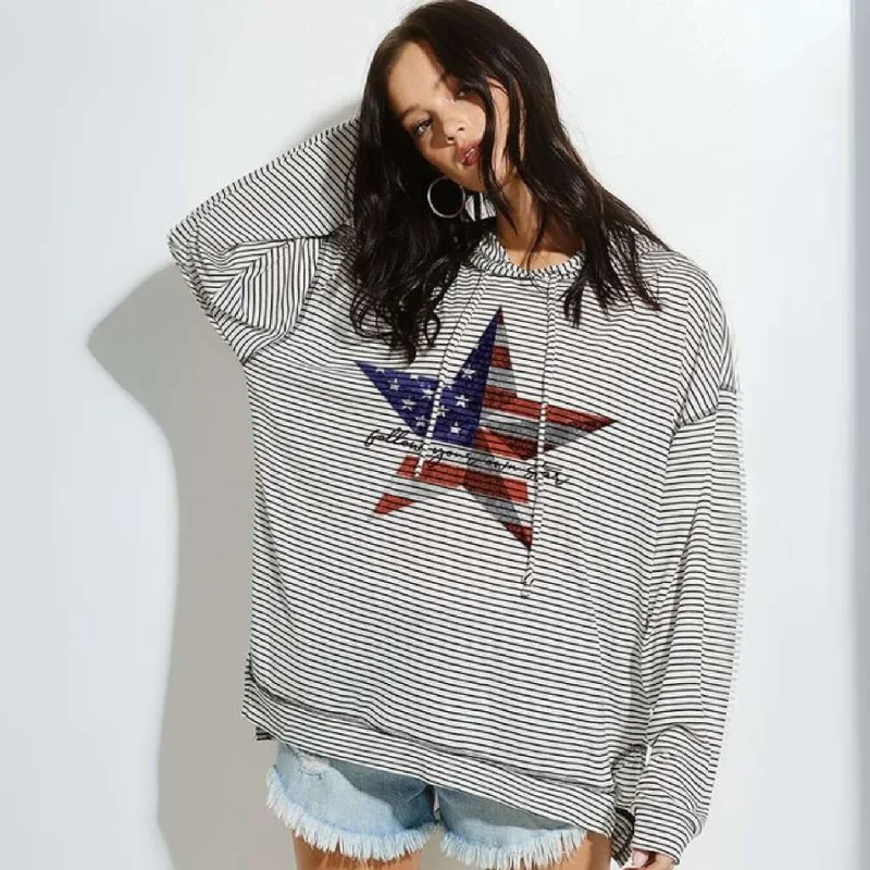 Patriotic Star Graphic Lightweight Hoodie Made in USA Hoodie with Ribbed Hem Stretchable Secure