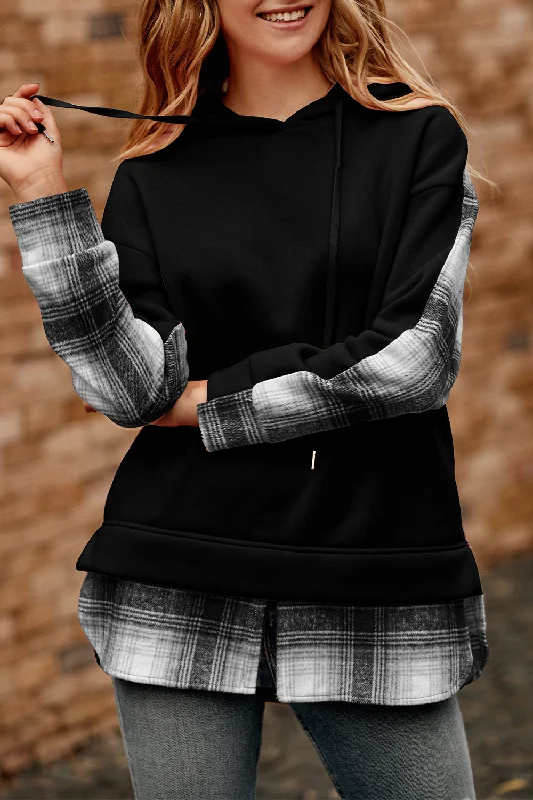 Color Block Plaid Patchwork Hooded Sweatshirt Hoodie with Embroidery Detailed Premium