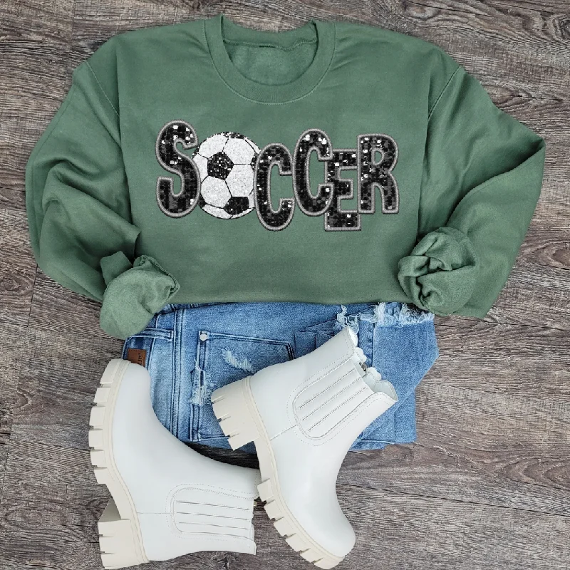 Hazel Blues® |  Soccer Faux Chenille Sequin Patches Sweatshirt: Black Hoodie with Button Placket Classic Preppy