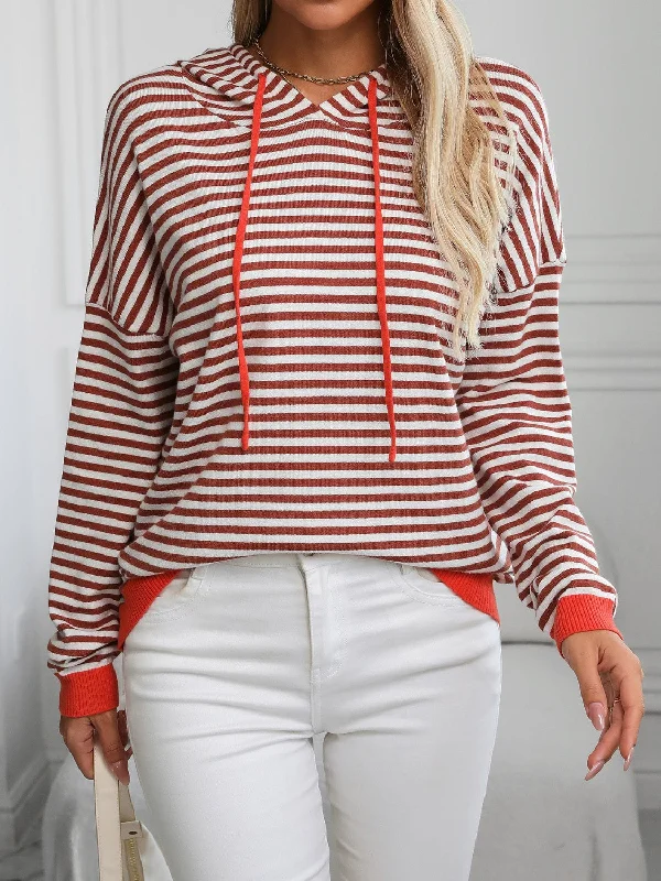 Striped Hooded Knit Top in 6 Colors Hoodie with Cuffed Sleeves Snug Secure