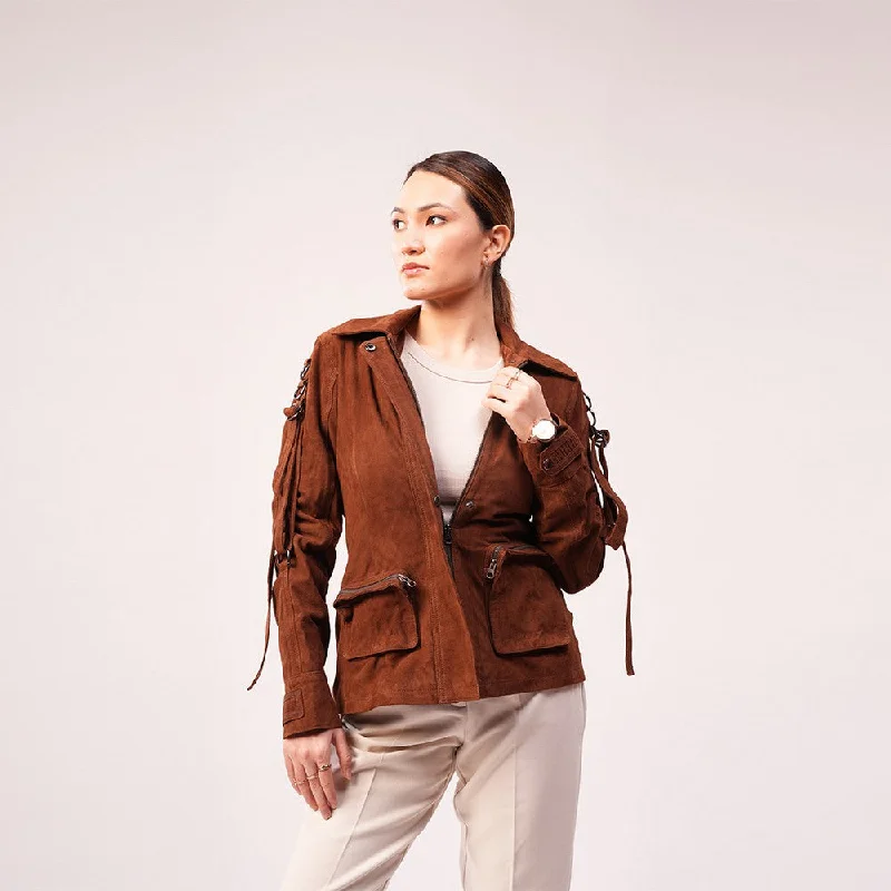 90 Feet Asha Loop Brown Suede Blazer Jacket for Women Zippered Jacket Buttoned Jacket Snapped Jacket