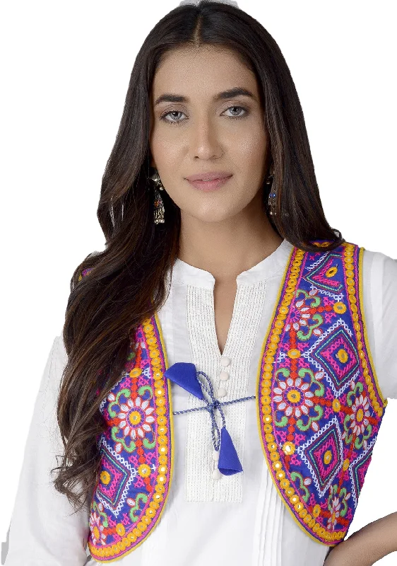 Cotton Kutchi Embroidered Short Jacket/Koti/Shrug (CJK-04) -Blue Nylon Fabric Polyester Fabric Spandex Fabric