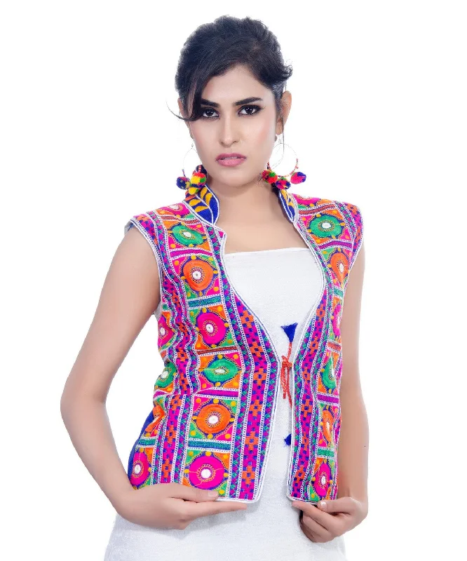 Dupion Silk Kutchi Embroidered Waist Length Jacket/Koti/Shrug (Bharchak) - MJK-BHK04 V-Neck Jacket Boat Neck Jacket Square Neck Jacket